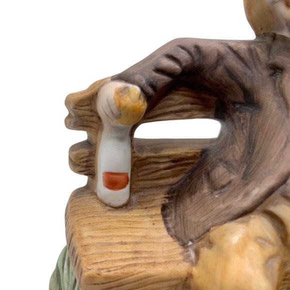 Vintage Hand-Painted Ceramic Figurine Of Man On Bench Holding Jug & Bowl - Picture 2 of 11